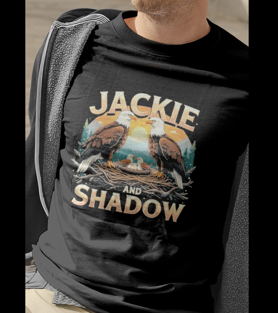 Jackie And Shadow American Eagles Family In Nest With Mountains And Sun T-Shirt