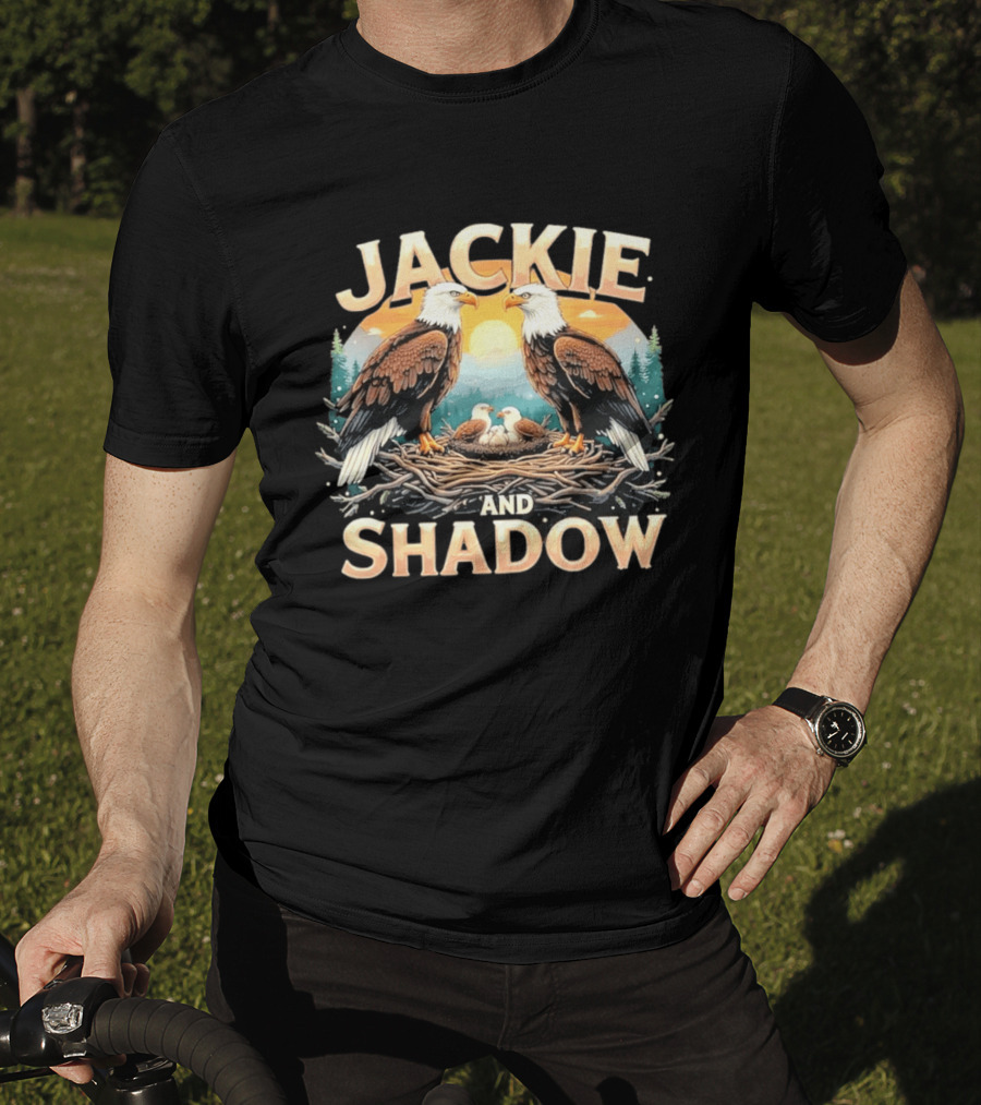 Jackie And Shadow American Eagles Family In Nest With Mountains And Sun T-Shirt