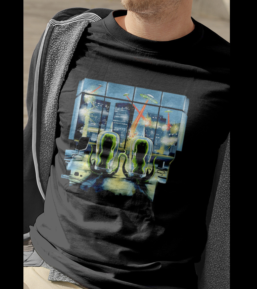 Project Rigel Alien Invasion City Battle Scene With Flying Saucers And Lasers T-Shirt
