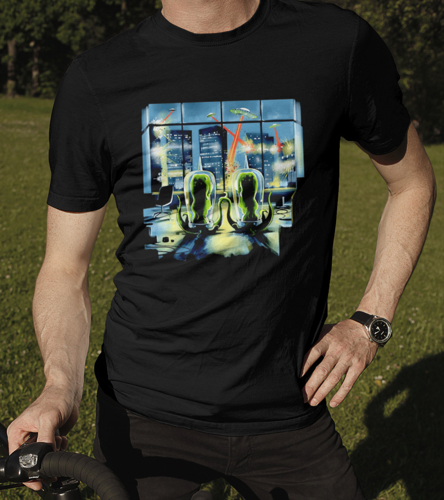 Project Rigel Alien Invasion City Battle Scene With Flying Saucers And Lasers T-Shirt