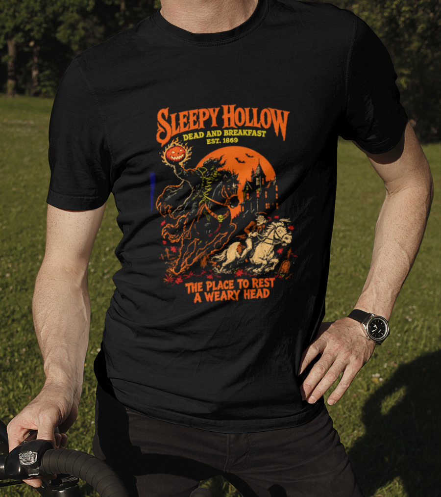 Sleepy Hollow Dead And Breakfast Est 1820 Headless Horseman The Place To Rest A Weary Head Halloween Pumpkin T-Shirt