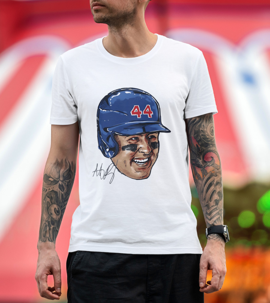 Anthony Rizzo 44 Blue Helmet Halftone Caricature T-Shirt