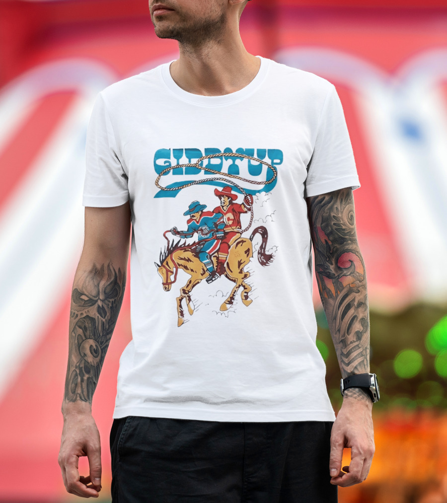 Calgary Flames Edmonton Oilers NHL Hockey Players Giddyup Cartoon Riding Bucking Horse Lasso T-Shirt