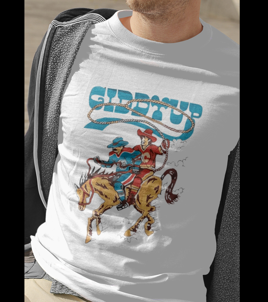 Calgary Flames Edmonton Oilers NHL Hockey Players Giddyup Cartoon Riding Bucking Horse Lasso T-Shirt