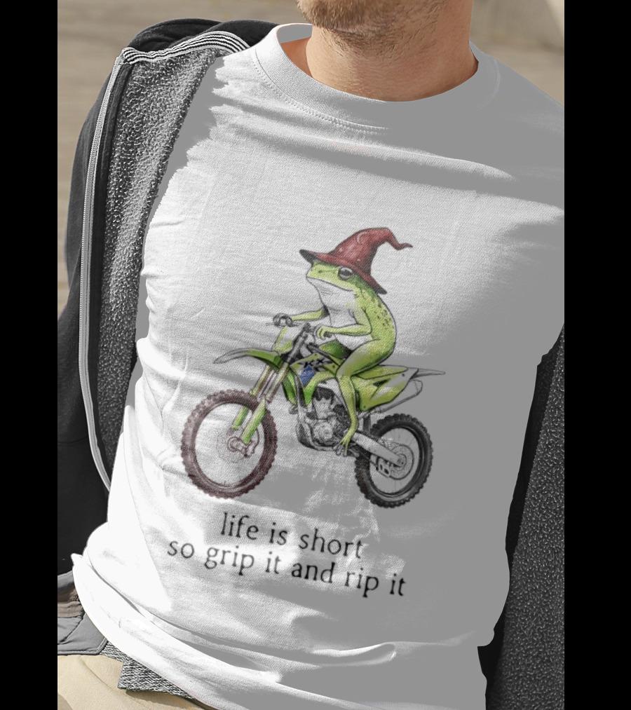 Life Is Short So Grip It And Rip It Frog Red Wizard Hat Green Dirt Bike Adventure T-Shirt