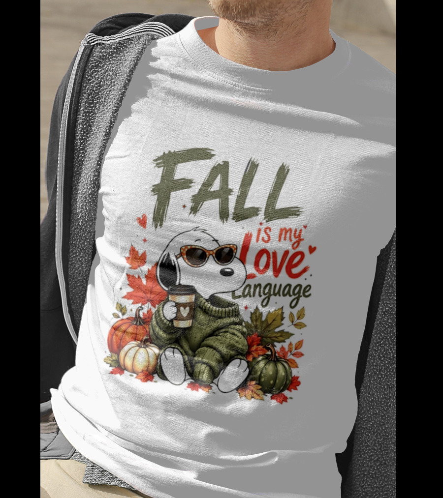 Fall Is My Love Language Cartoon Dog Cozy Green Sweater Pumpkins Leaves Coffee T-Shirt