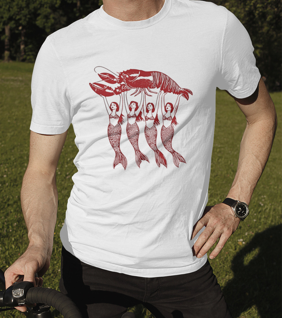 Four Mermaids Holding A Lobster Vintage Red Sea Creature T-Shirt