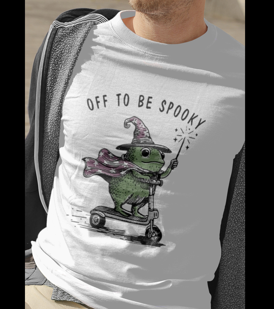 Frog Wizard On Scooter With Cape Off To Be Spooky Magic Wand T-Shirt