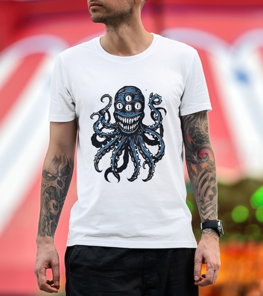 Monstrous Spiky Tentacles Blue Octopus Woodcut T-Shirt
