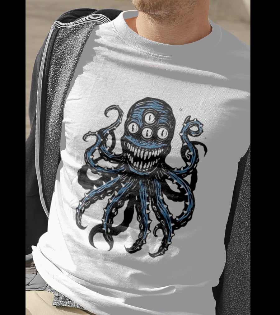 Monstrous Spiky Tentacles Blue Octopus Woodcut T-Shirt
