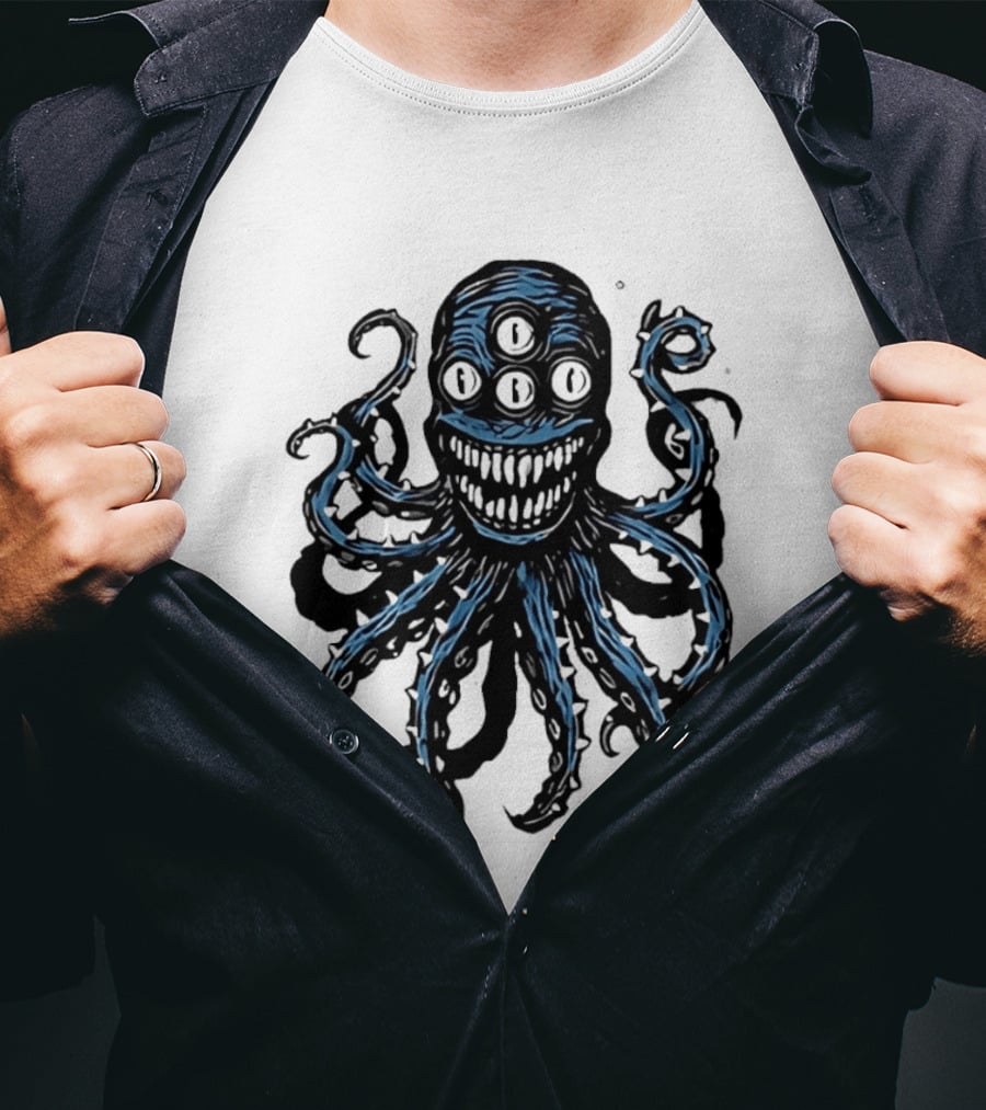 Monstrous Spiky Tentacles Blue Octopus Woodcut T-Shirt