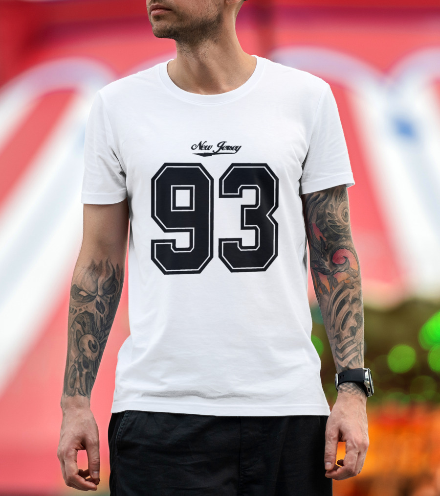 New Jersey 93 Cursive Script Black Varsity Block Number T-Shirt