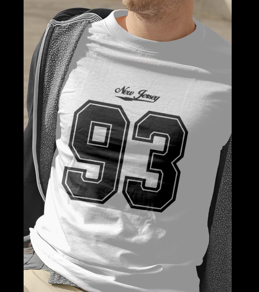 New Jersey 93 Cursive Script Black Varsity Block Number T-Shirt