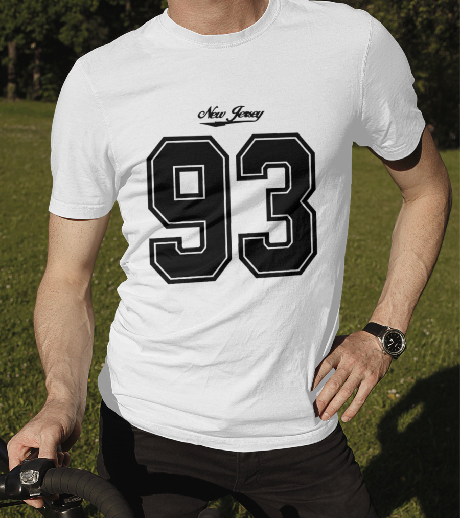 New Jersey 93 Cursive Script Black Varsity Block Number T-Shirt