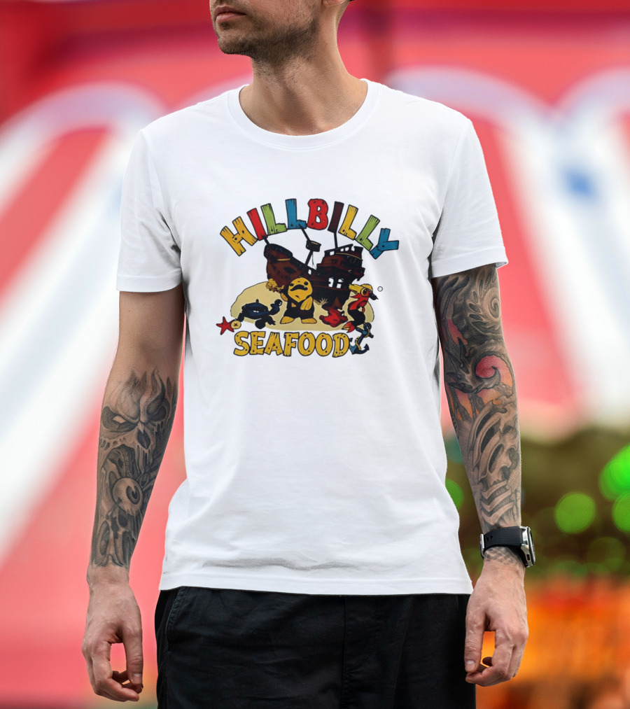 Hillbilly Seafood Cartoon Pirate Ship And Ocean Life Fish Adventure T-Shirt