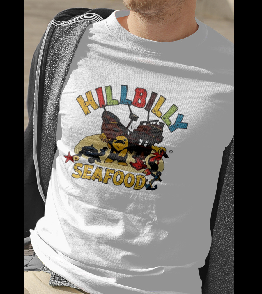 Hillbilly Seafood Cartoon Pirate Ship And Ocean Life Fish Adventure T-Shirt