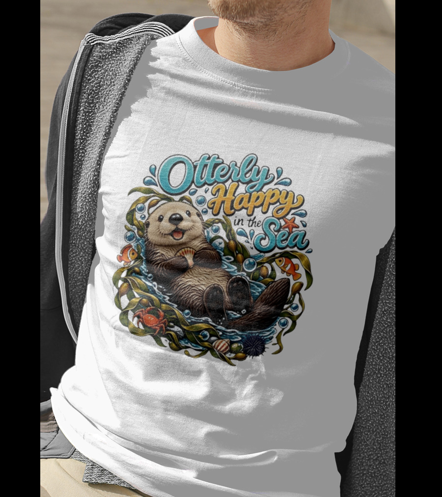 Otterly Happy In The Sea Cartoon Otter Floating With Kelp, Shell, Fish, Crab T-Shirt