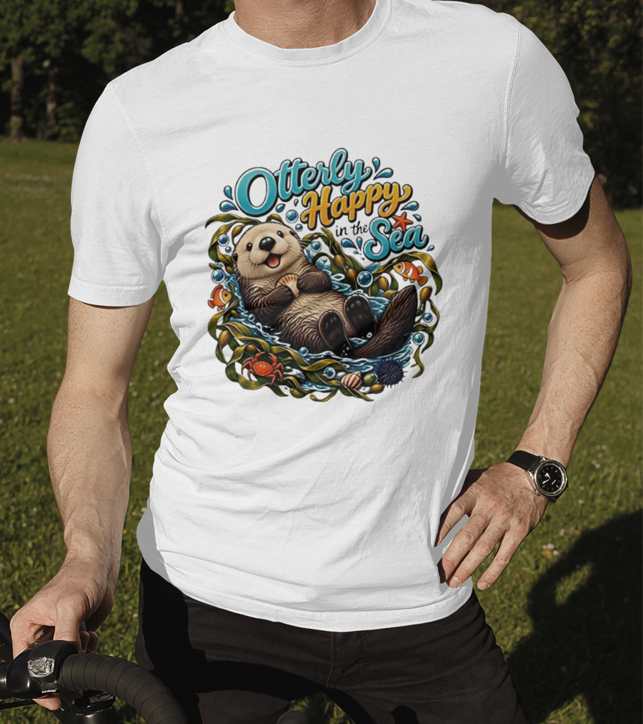 Otterly Happy In The Sea Cartoon Otter Floating With Kelp, Shell, Fish, Crab T-Shirt