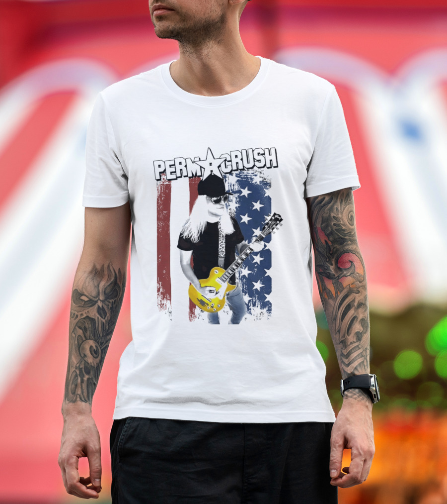 Perm A Crush Long Blonde Hair Yellow Guitar American Flag T-Shirt