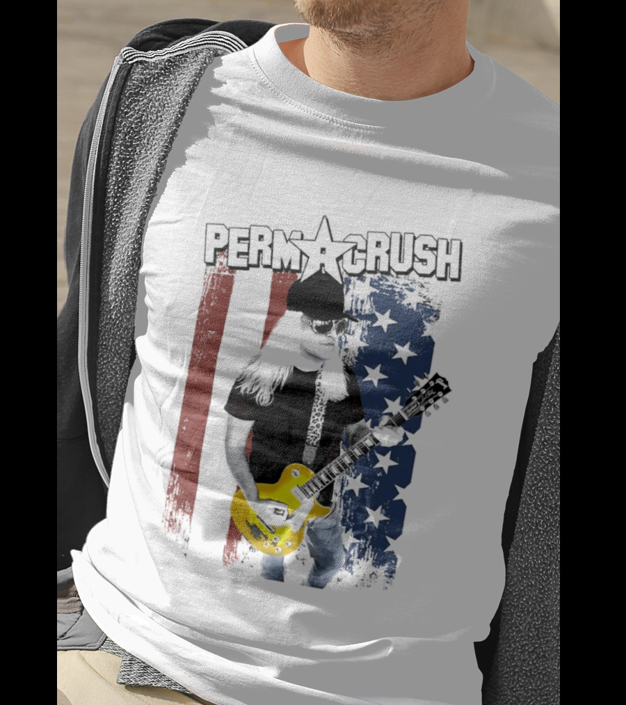 Perm A Crush Long Blonde Hair Yellow Guitar American Flag T-Shirt