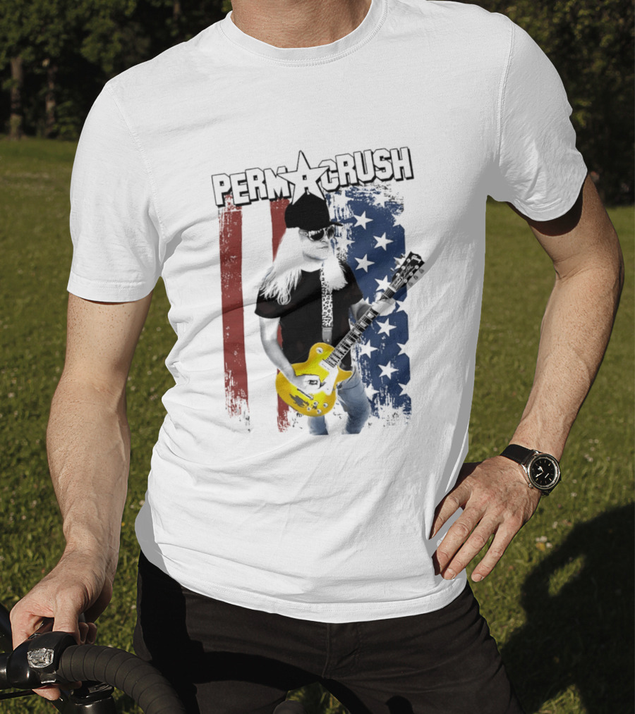 Perm A Crush Long Blonde Hair Yellow Guitar American Flag T-Shirt