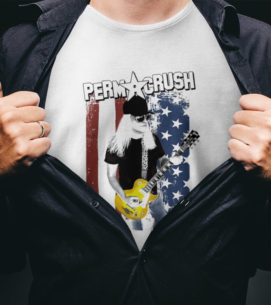 Perm A Crush Long Blonde Hair Yellow Guitar American Flag T-Shirt