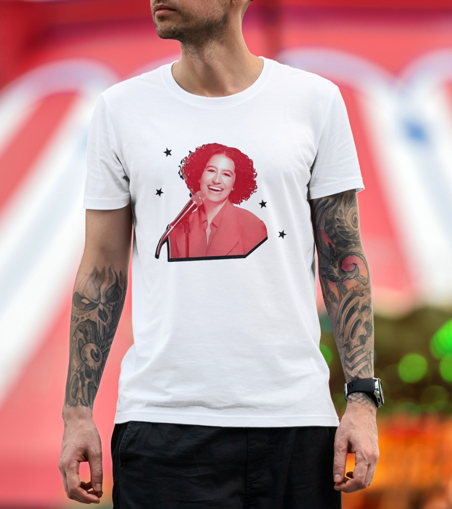 Red Tinted Woman Curly Hair Microphone Black Stars T-Shirt