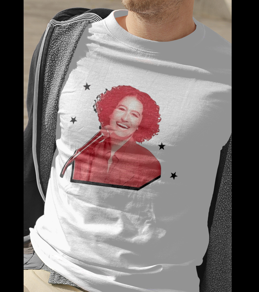 Red Tinted Woman Curly Hair Microphone Black Stars T-Shirt