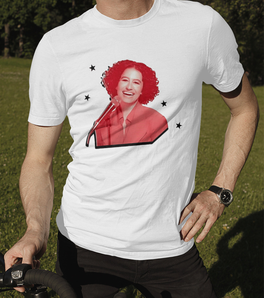 Red Tinted Woman Curly Hair Microphone Black Stars T-Shirt