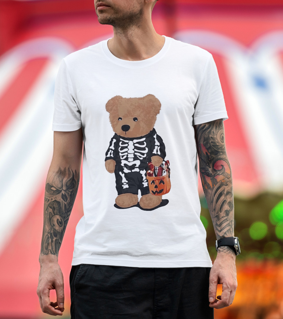 Teddy Bear Skeleton Costume Jack O Lantern Pumpkin Candy Cartoon T-Shirt