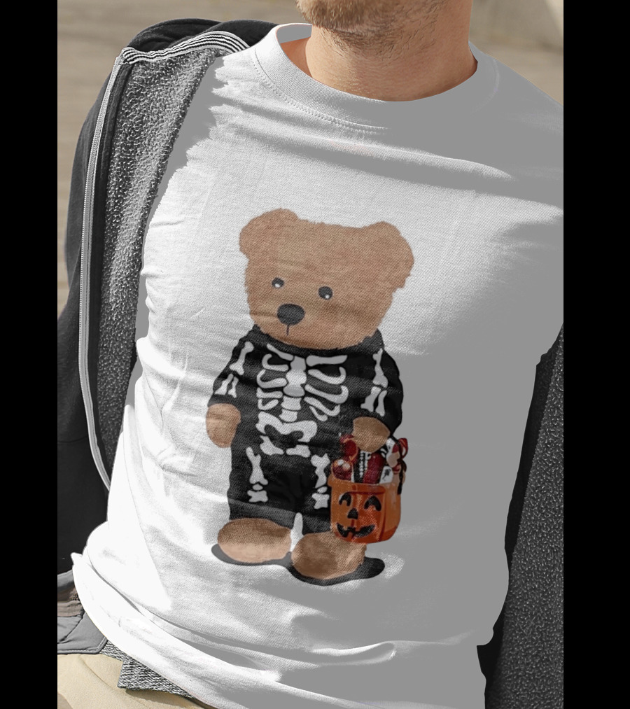 Teddy Bear Skeleton Costume Jack O Lantern Pumpkin Candy Cartoon T-Shirt
