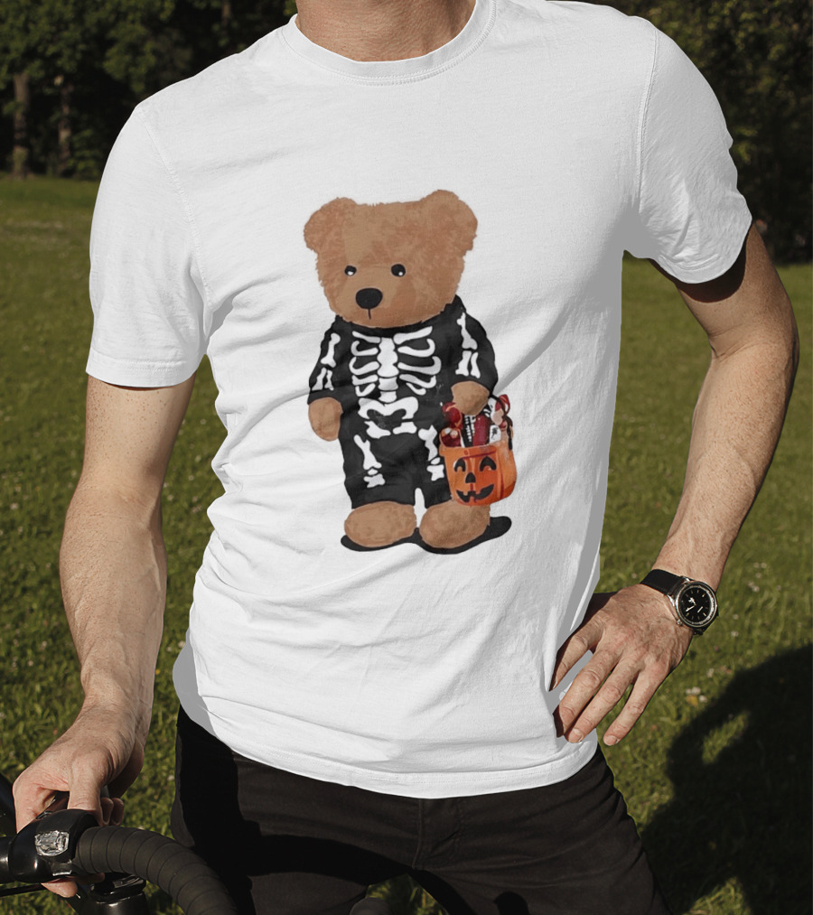 Teddy Bear Skeleton Costume Jack O Lantern Pumpkin Candy Cartoon T-Shirt