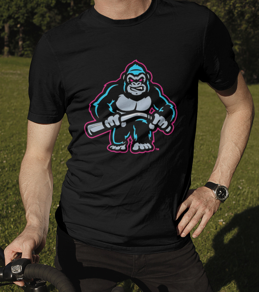 Aggressive Gorilla With Hockey Stick Neon T-Shirt