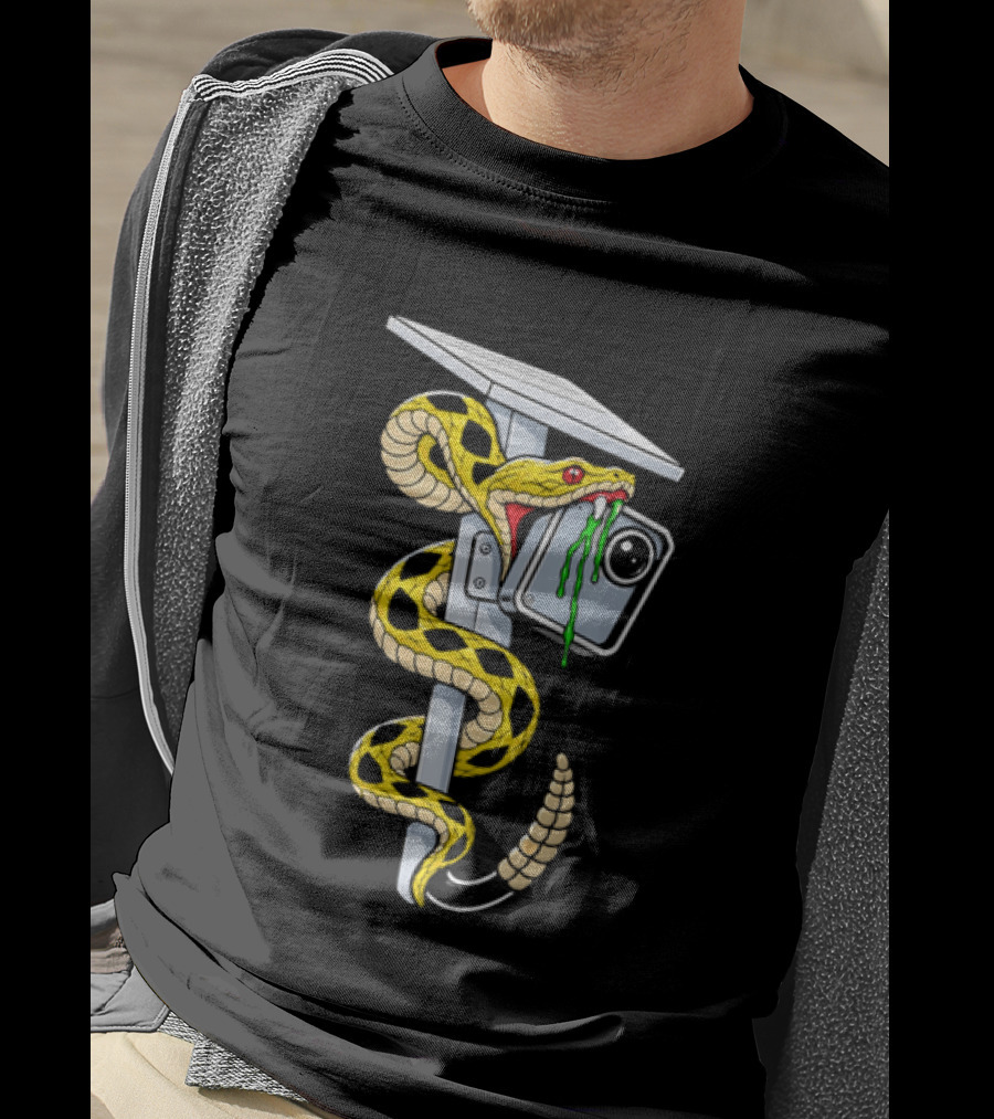Cartoon Yellow Rattlesnake Biting Security Camera Solar Panel Pole Dripping Venom T-Shirt