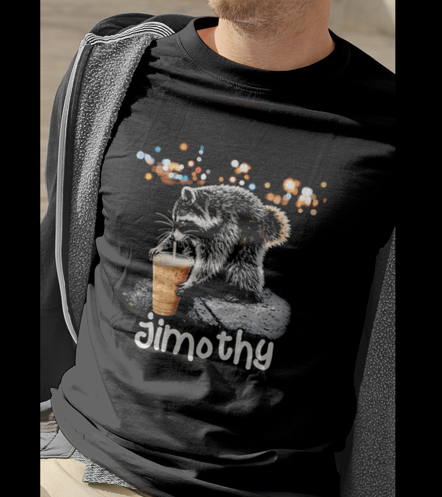 Jimothy Raccoon Sipping Iced Coffee Under Streetlights T-Shirt