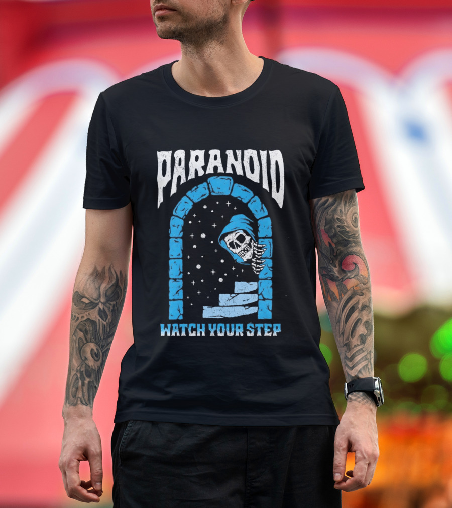 Paranoid Skeleton Peeking Stone Archway Your Step T-Shirt