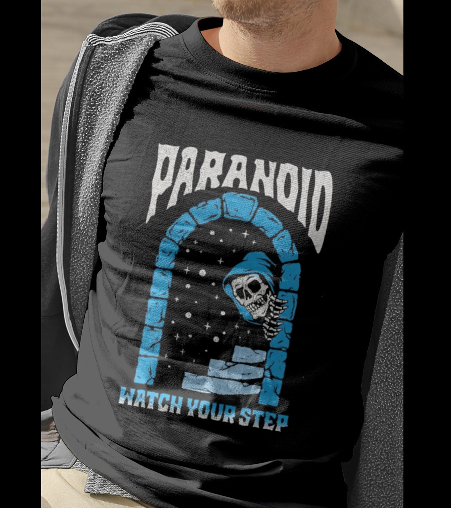 Paranoid Skeleton Peeking Stone Archway Your Step T-Shirt