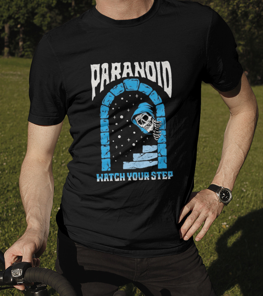 Paranoid Skeleton Peeking Stone Archway Your Step T-Shirt