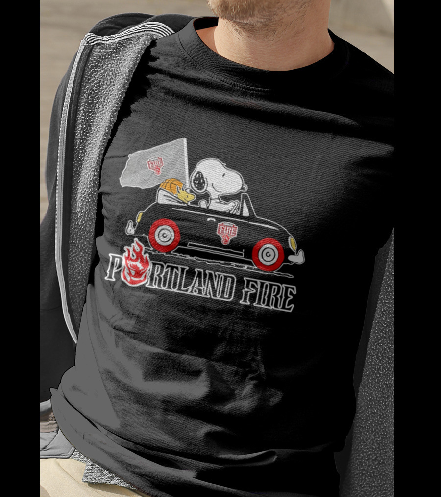 Portland Fire Snoopy And Woodstock Driving Vintage Car With Flag T-Shirt