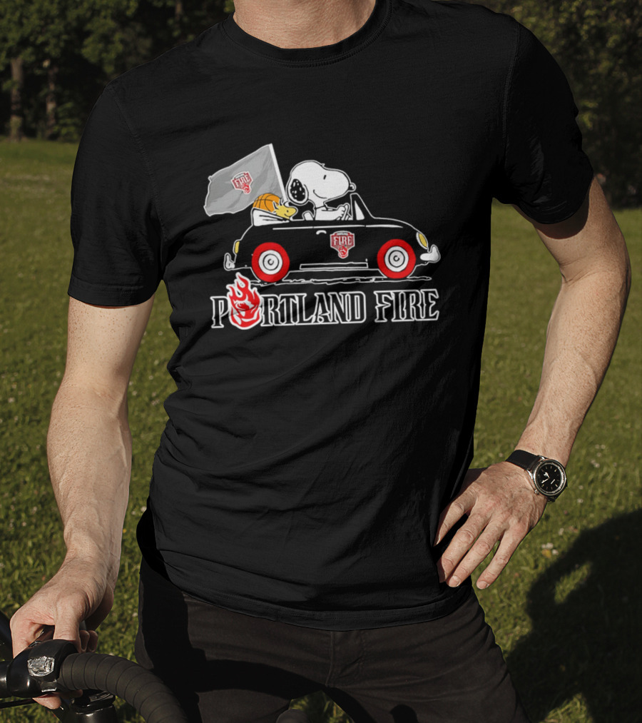 Portland Fire Snoopy And Woodstock Driving Vintage Car With Flag T-Shirt