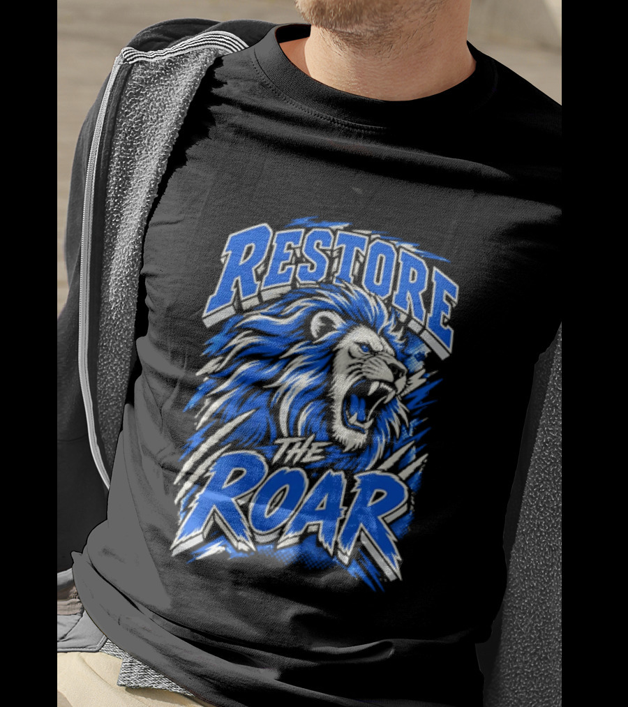 Restore The Roar Blue Lion Head With Halftone Scratch Marks T-Shirt