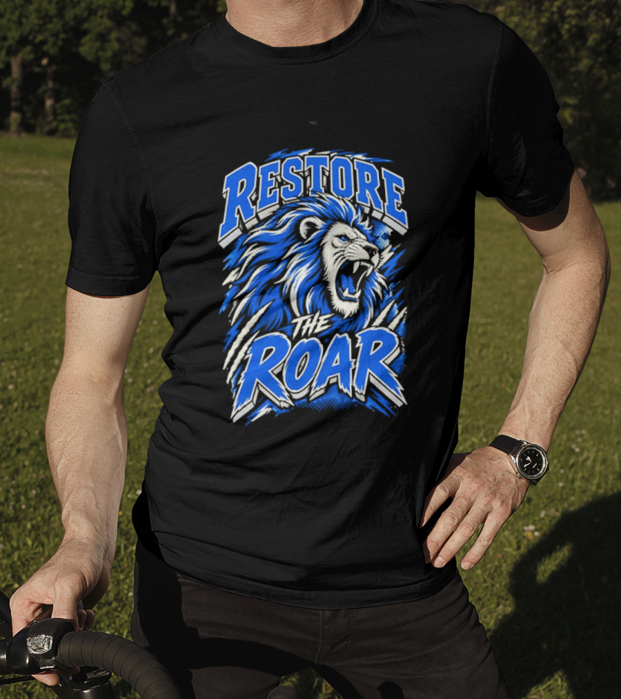 Restore The Roar Blue Lion Head With Halftone Scratch Marks T-Shirt