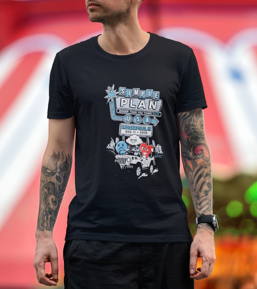 Simple Plan Indianapolis IN 2026 Bigger Than You Think Tour August 11 White River State Park USA Classic Car And Happy Heart T-Shirt