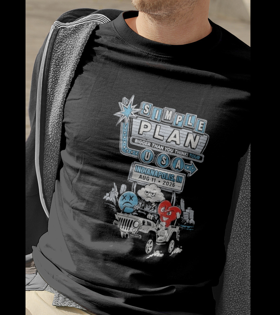 Simple Plan Indianapolis IN 2026 Bigger Than You Think Tour August 11 White River State Park USA Classic Car And Happy Heart T-Shirt