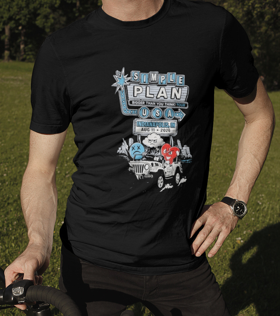 Simple Plan Indianapolis IN 2026 Bigger Than You Think Tour August 11 White River State Park USA Classic Car And Happy Heart T-Shirt