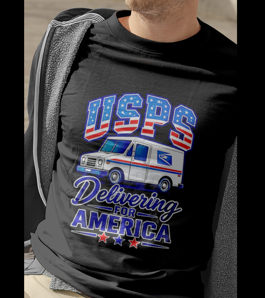 USPS Delivering For America Mail Truck Patriotic Stars And Stripes T-Shirt