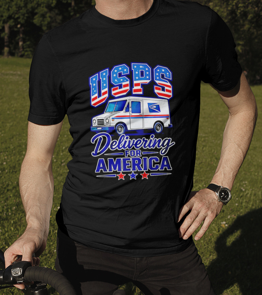 USPS Delivering For America Mail Truck Patriotic Stars And Stripes T-Shirt