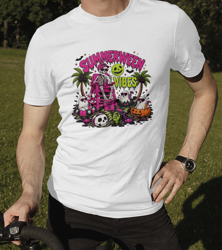 Summerween Vibes Halloween Skeleton Beach Party 2026 T-Shirt