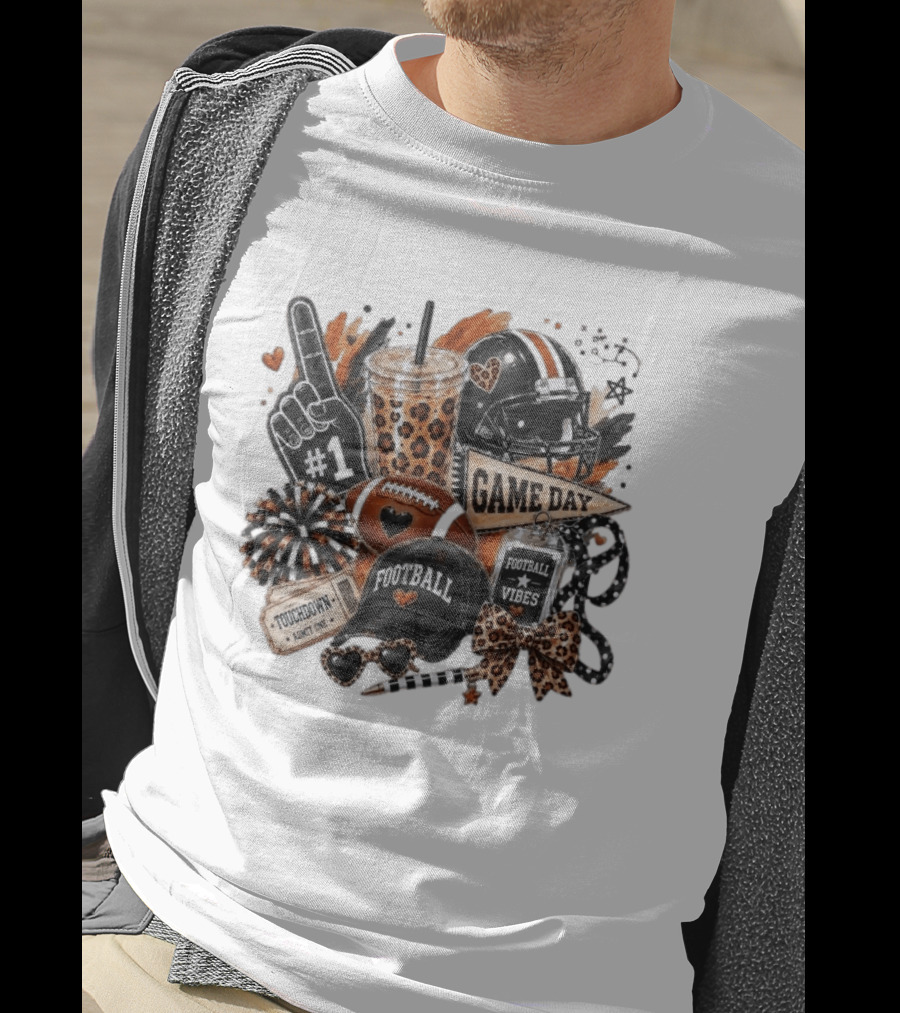 Leopard Game Day Football Touchdown Vibes #1 Fan Helmet Pom Pom Bow T-Shirt