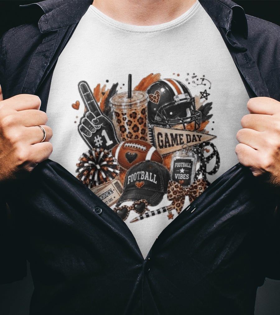 Leopard Game Day Football Touchdown Vibes #1 Fan Helmet Pom Pom Bow T-Shirt
